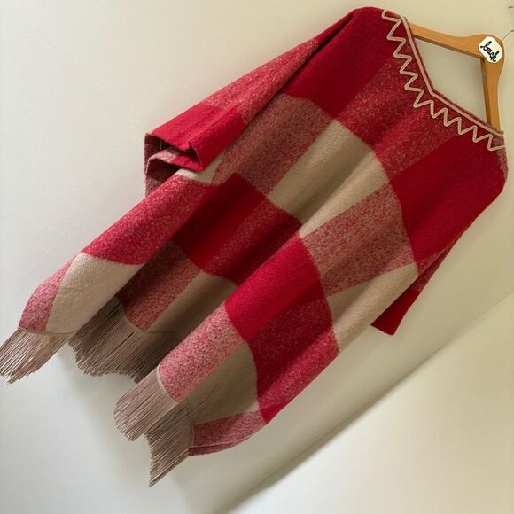 Adam Lippes for Target Red Tan Poncho Sweater Fringe & Tassel Women's 3X/4X Grea - Picture 6 of 12